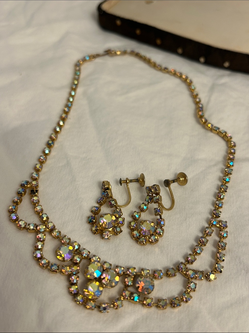 Vintage rhinestone necklace earring SET    MCM Aurora Borealis costume jewelry
